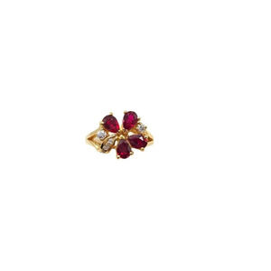 UNCAS Gold Vermeil Over Sterling Red Ruby Clear Rhinestone Flower Ring Size 6.5
